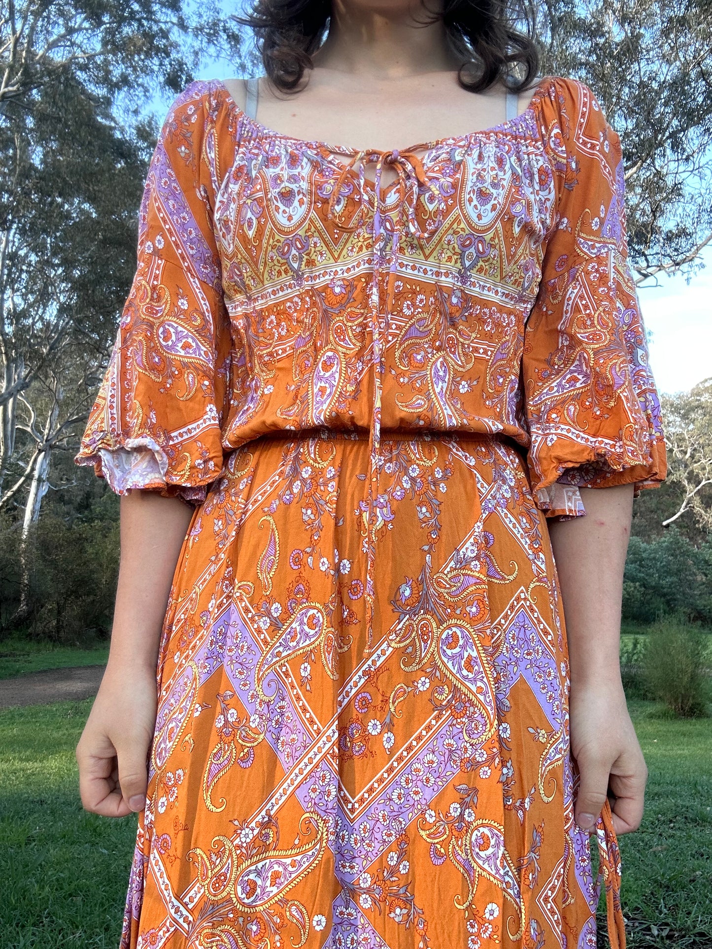 Orange and Lavender 70s style maxi Dress
