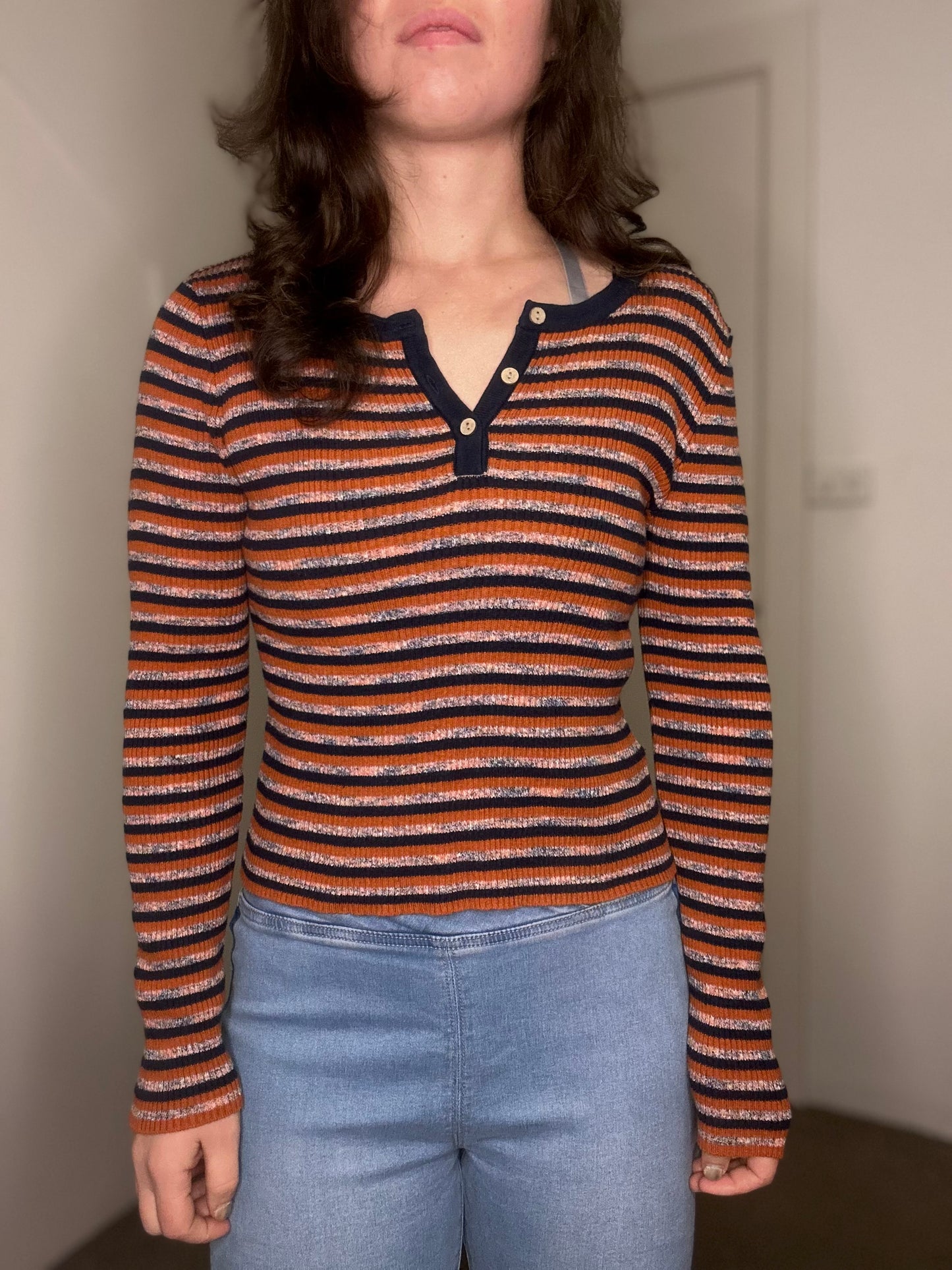 Orange and navy blue striped long sleeve top