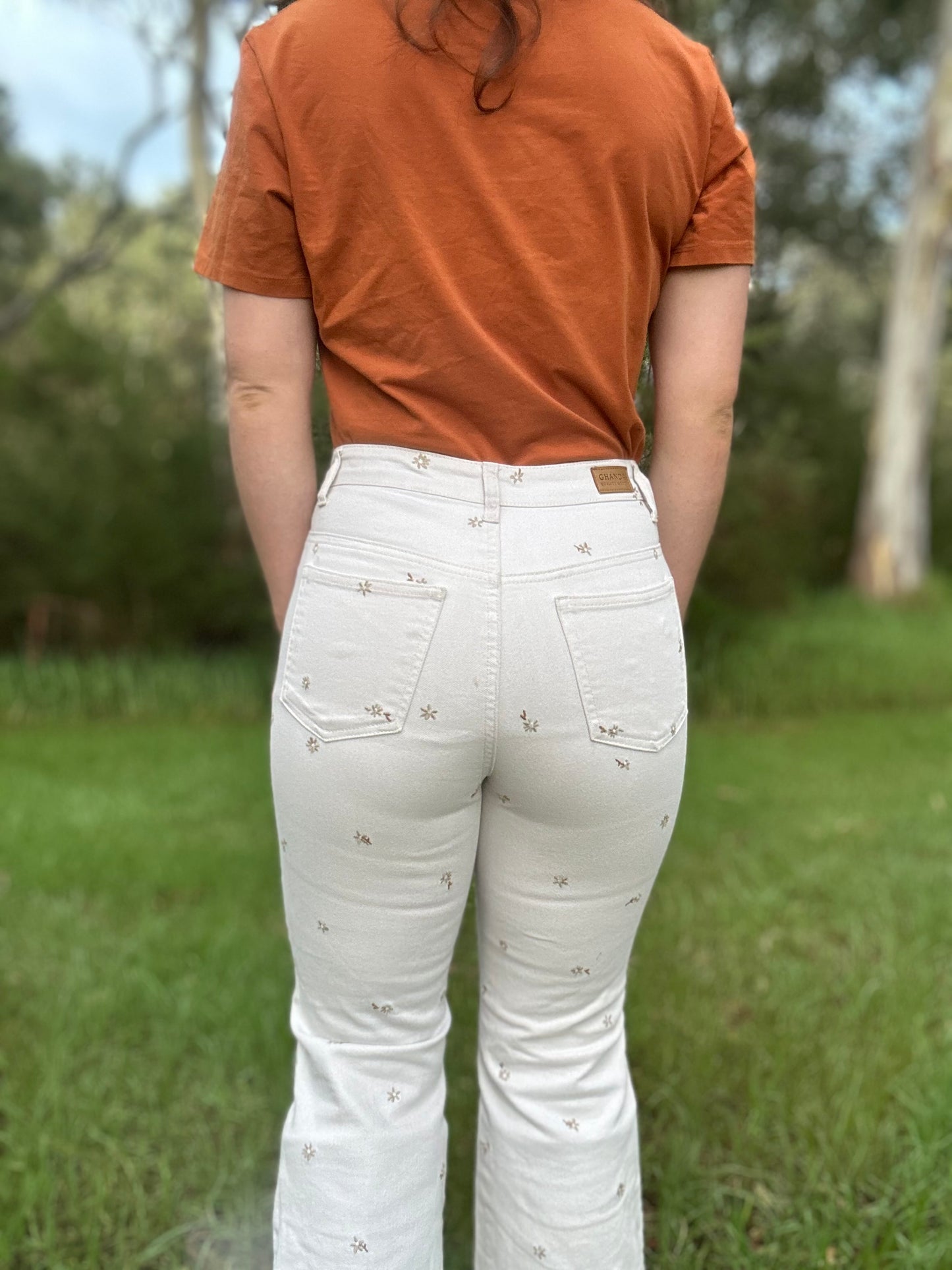 Cream Embroidered Flares