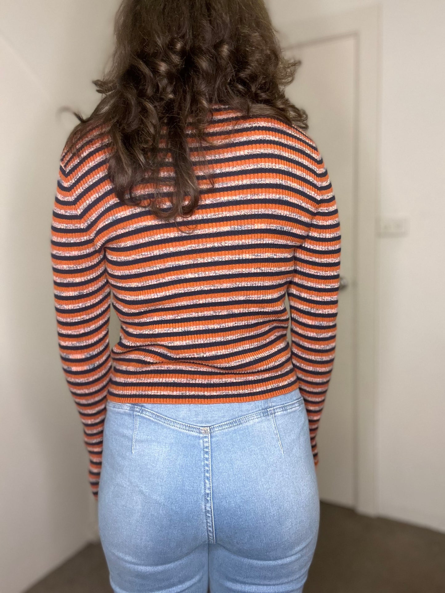 Orange and navy blue striped long sleeve top
