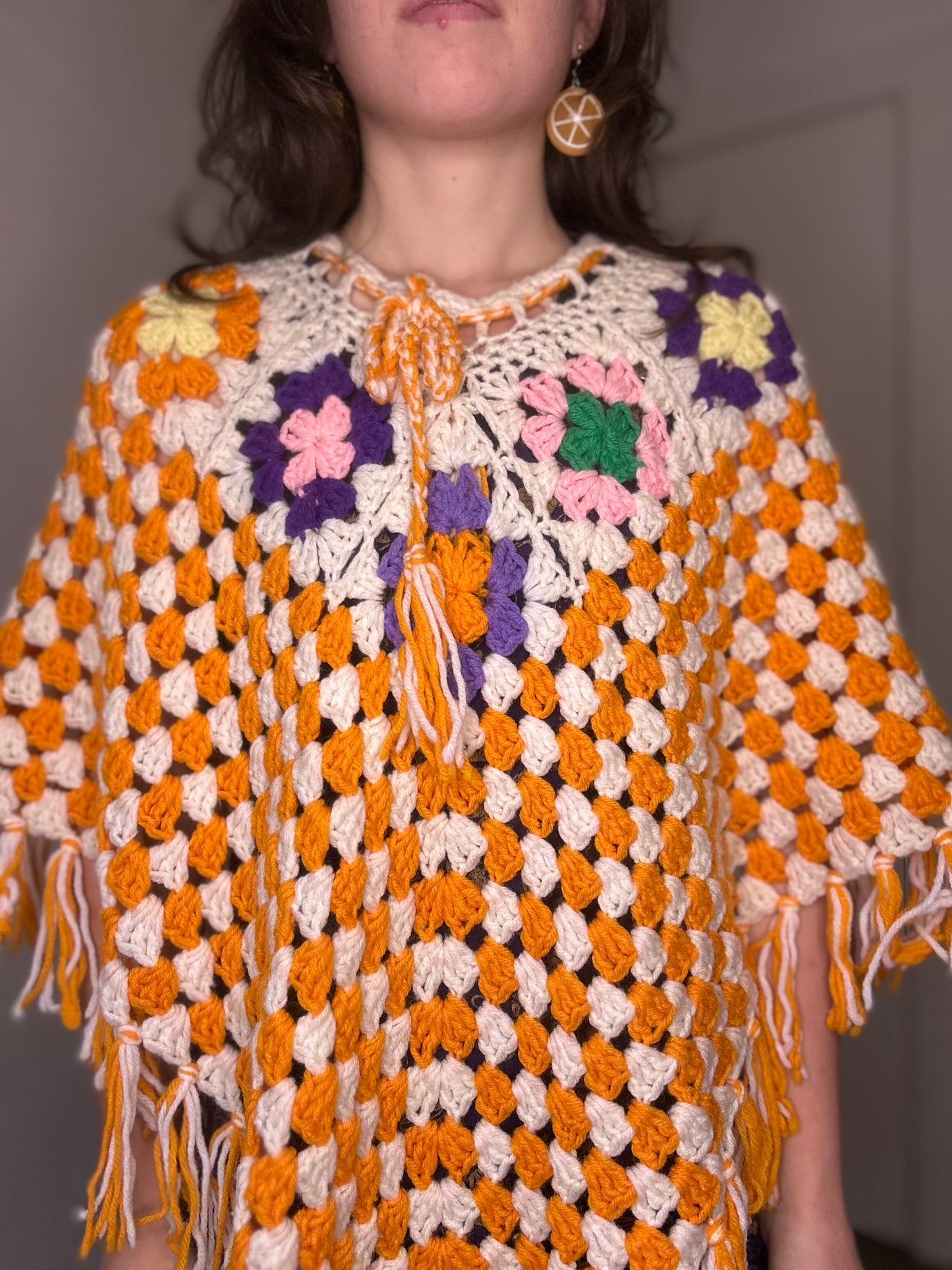 Orange crochet 60s style poncho ￼￼