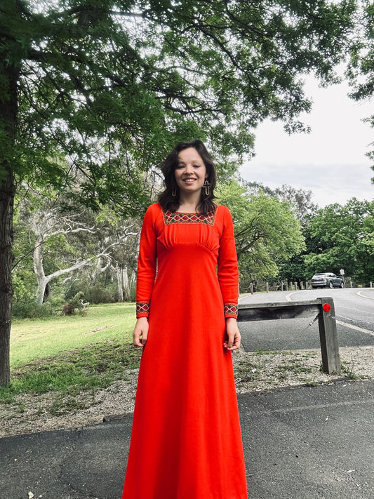 1970s Vintage Red Emperor Waistline Dress