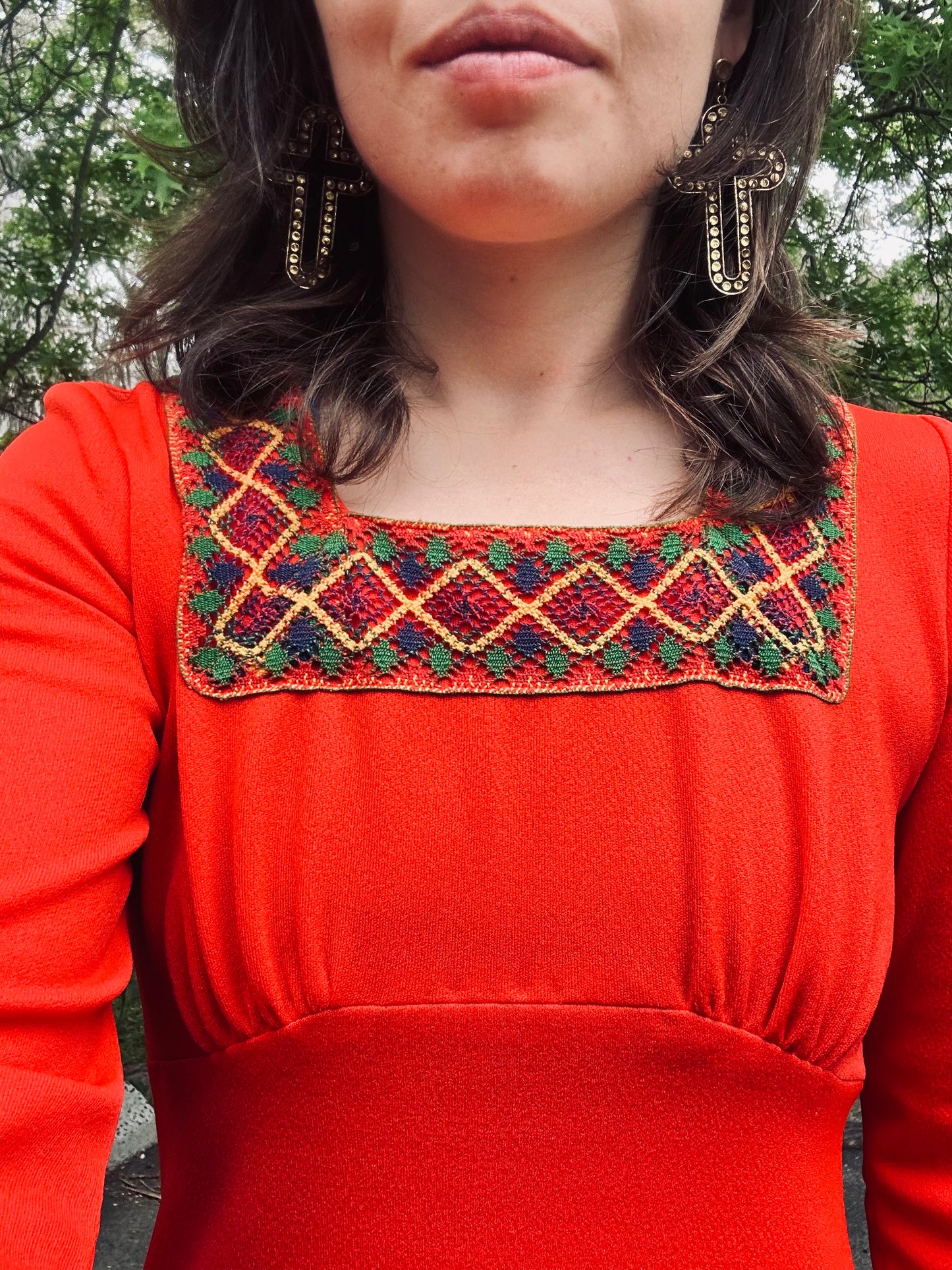 1970s Vintage Red Emperor Waistline Dress