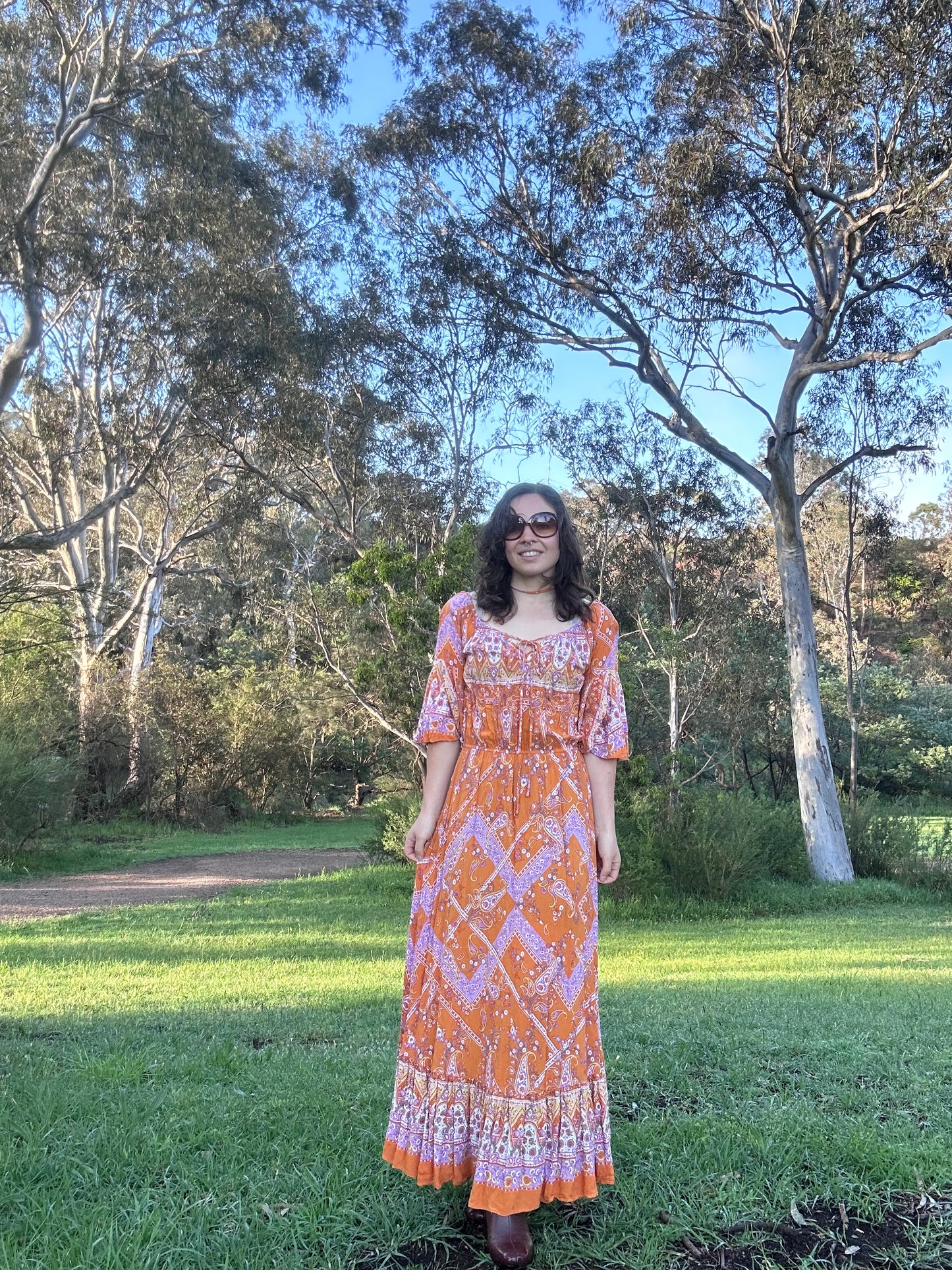 Orange and Lavender 70s style maxi Dress