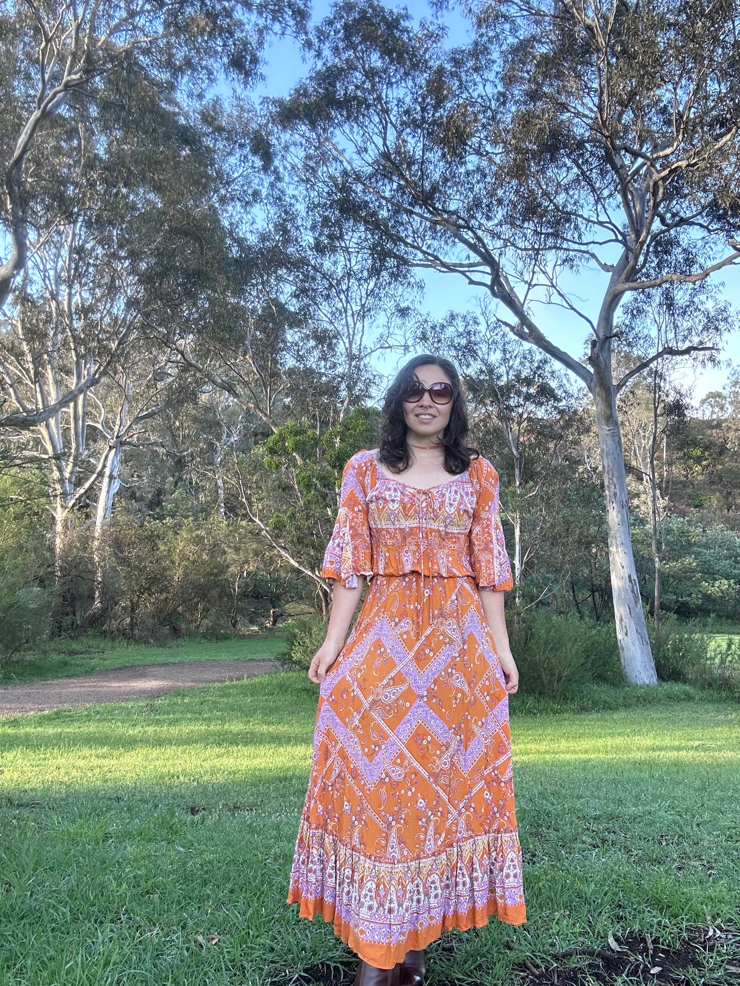 Orange and Lavender 70s style maxi Dress