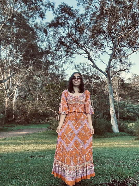 Orange and Lavender 70s style maxi Dress