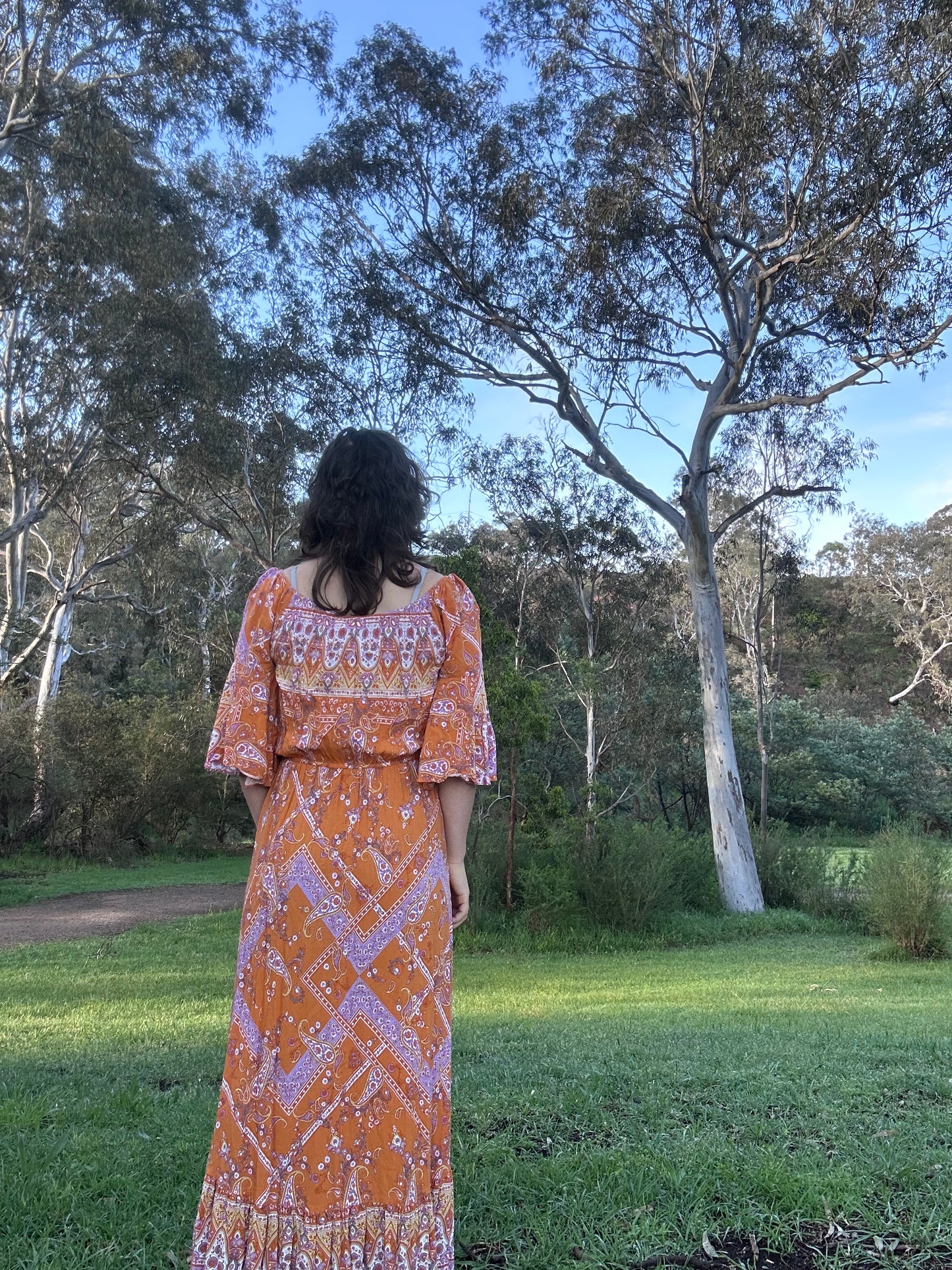 Orange and Lavender 70s style maxi Dress