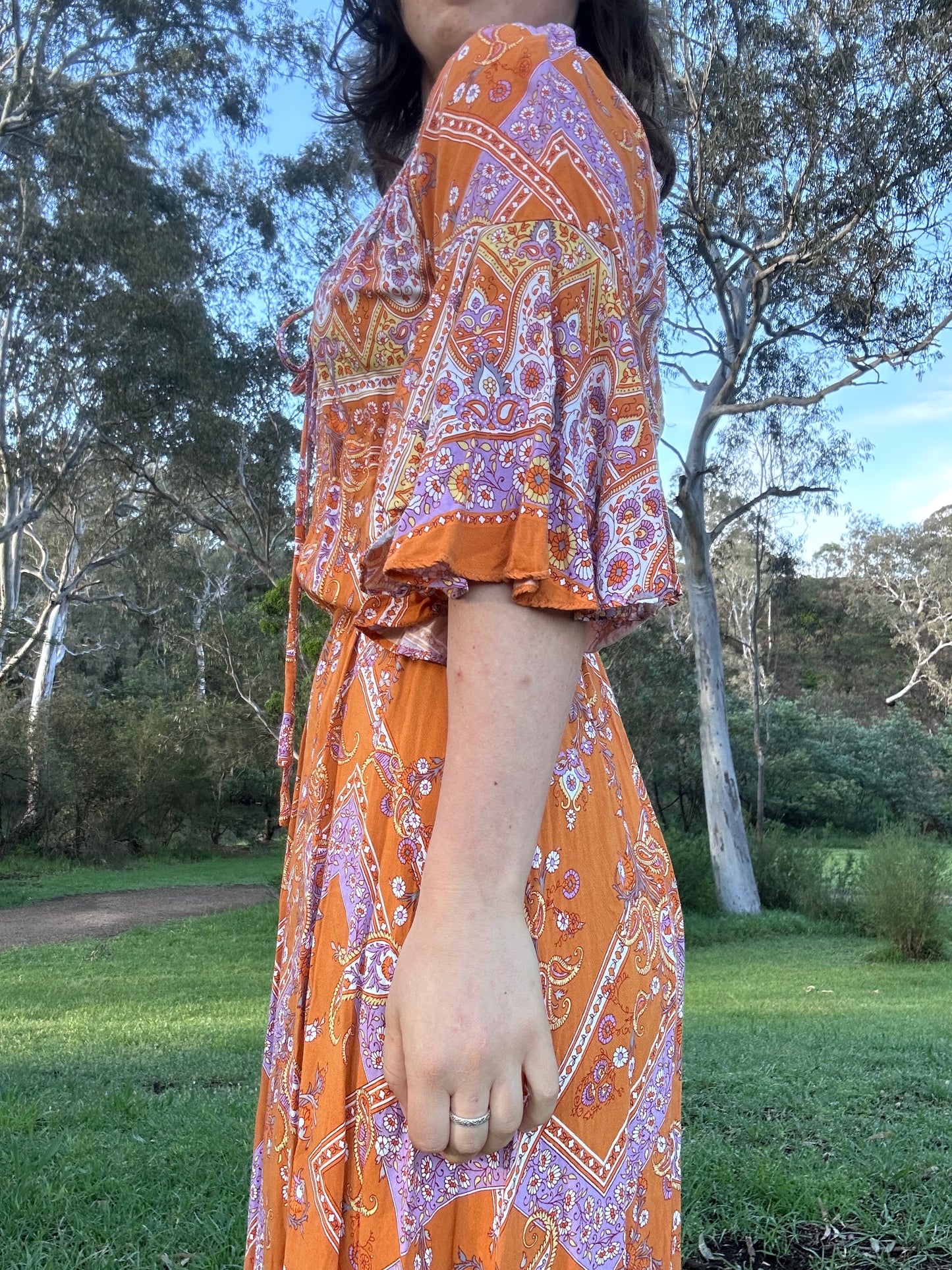 Orange and Lavender 70s style maxi Dress