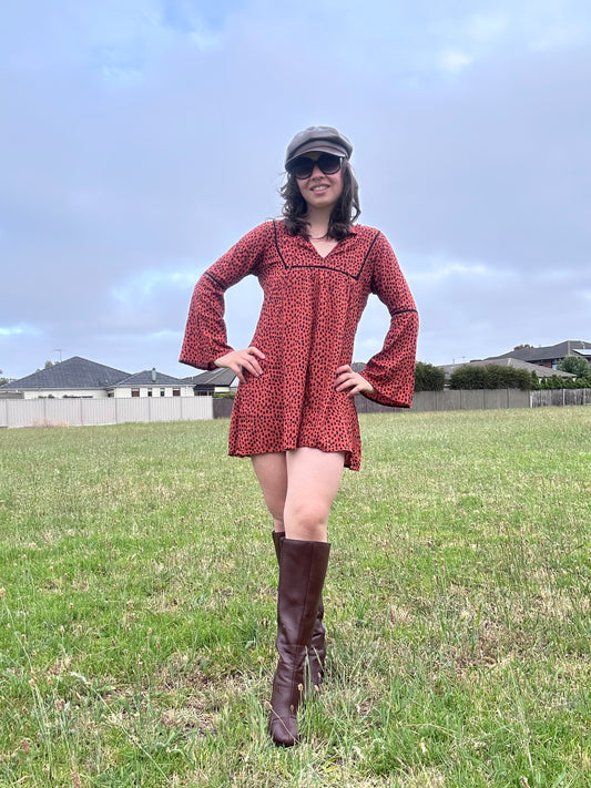 Burnt Orange Bell Sleeve Mini Dress