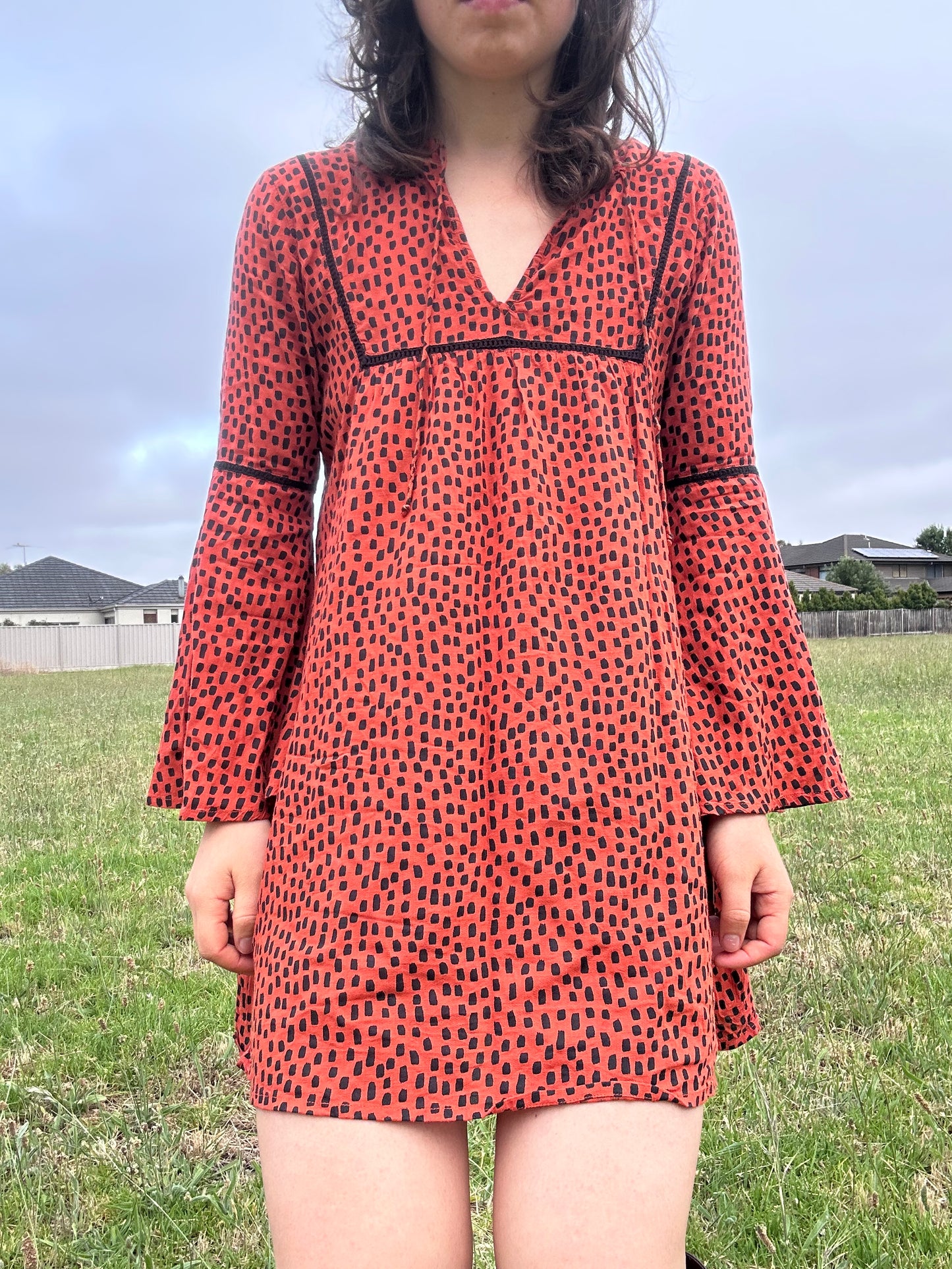Burnt Orange Bell Sleeve Mini Dress