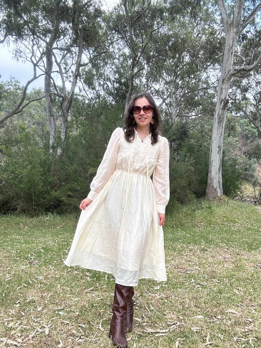 Cream Embroidered 70s style Midi Dress