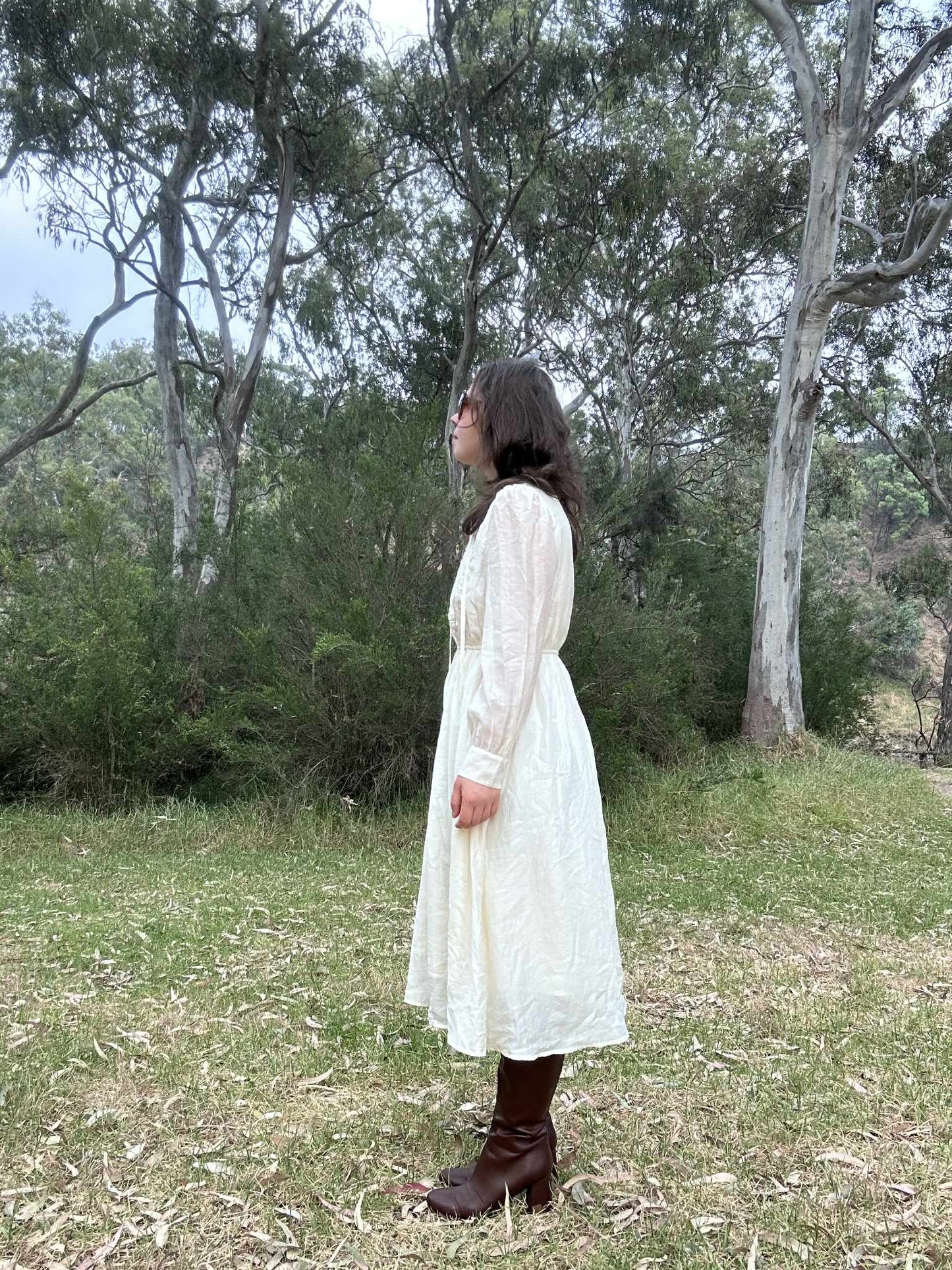 Cream Embroidered 70s style Midi Dress