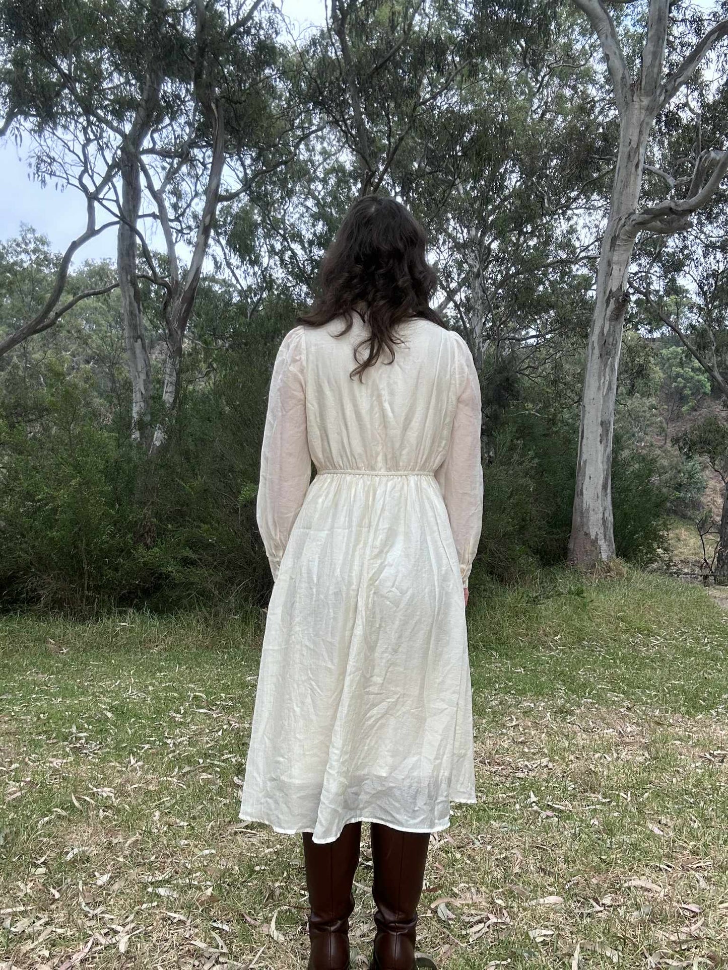 Cream Embroidered 70s style Midi Dress