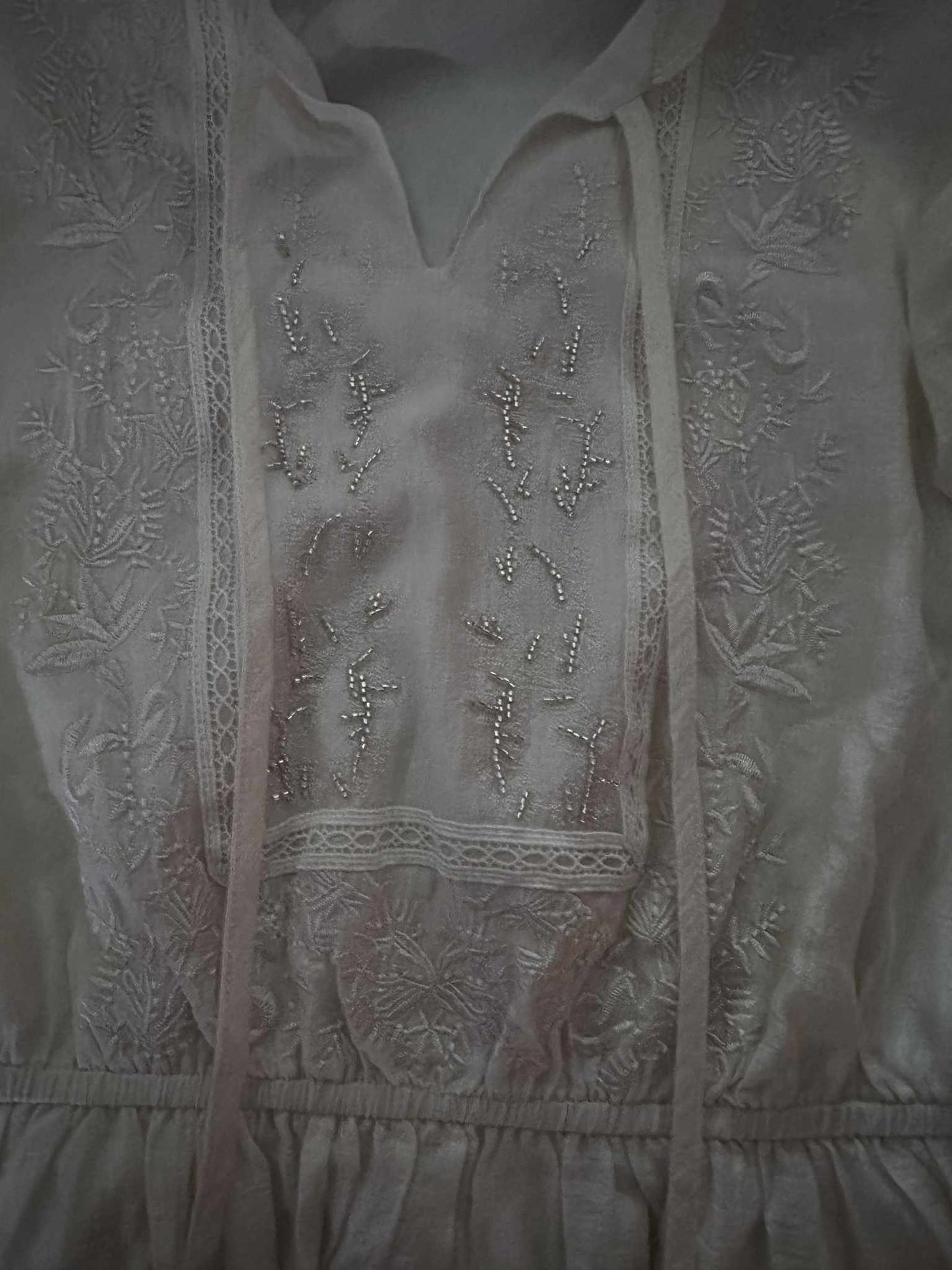 Cream Embroidered 70s style Midi Dress